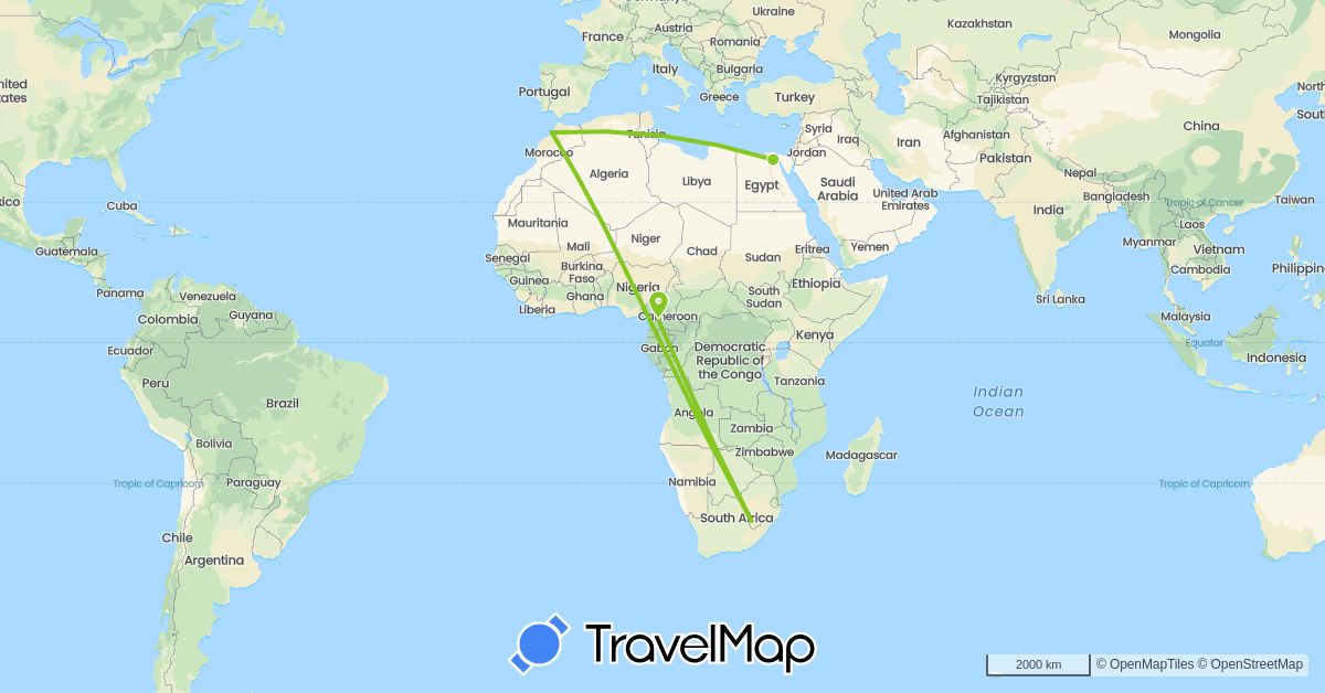 TravelMap itinerary: electric vehicle in Cameroon, Egypt, Lesotho, Morocco (Africa)